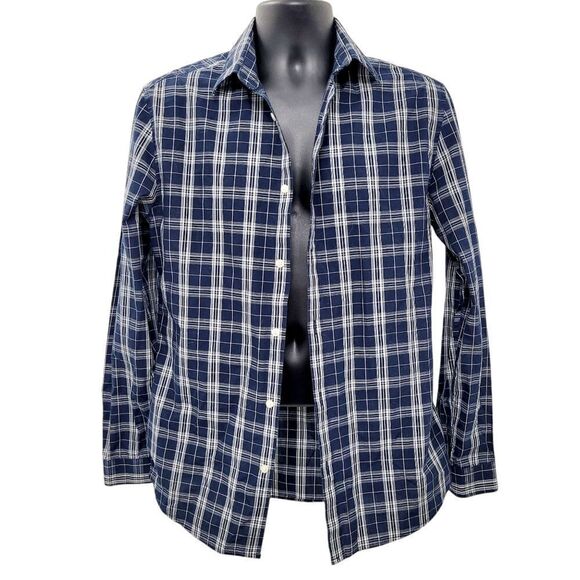 2/$20 H&M Navy Blue & White Plaid Pattern Buttons Down Shirt Slim Fit Size: M - Picture 2 of 12